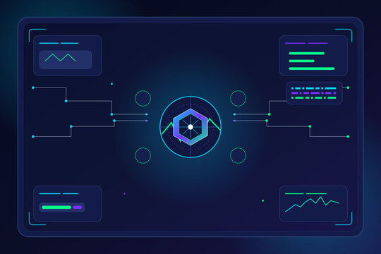 Digital interface with holographic hexagon data visualization on dark blue background with glowing elements