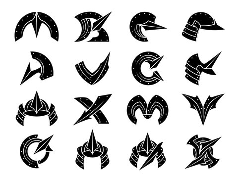 Medieval knight helmet icons set, black silhouette warrior headgear collection, 16 ancient armor symbols for gaming and logos