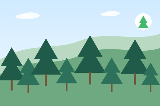 Evergreen trees on rolling hills during daytime with soft clouds and a bright sun