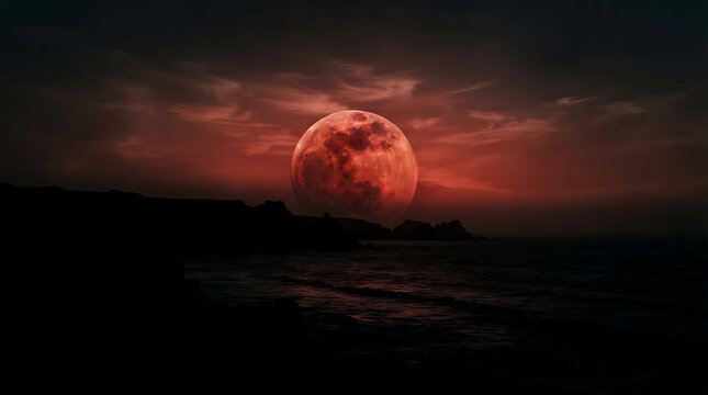 Full red moon rising over dark ocean waves at night with dramatic cloudy sky background