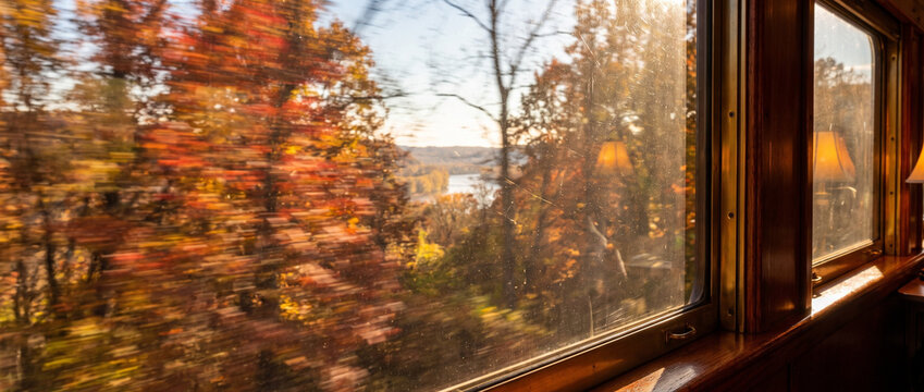 Scenic view of autumn foliage through a train window  
