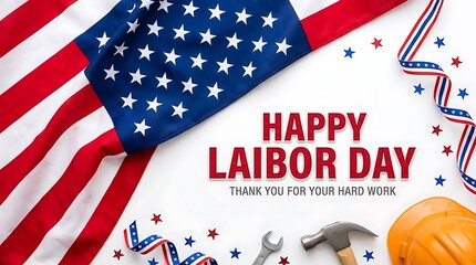Obraz premium Labor Day USA Labor Day Canada Happy Labor Day message with American flag and construction tools on white Labor Day, Happy Labor