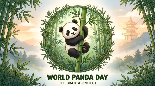 World panda day cute giant panda bear climbing bamboo forest landscape vector
