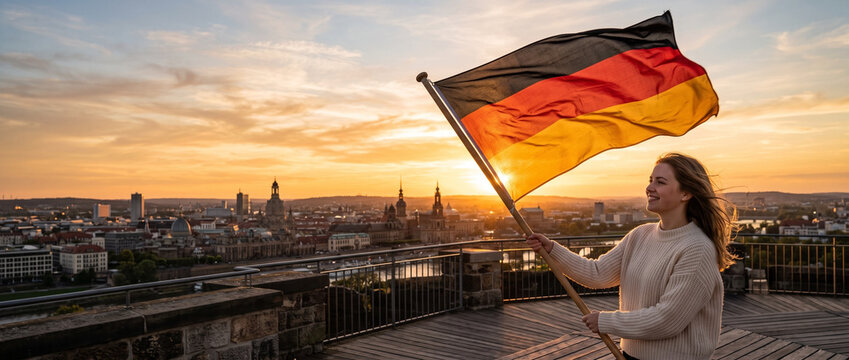Young woman holding the German flag at sunset in an urban landscape  