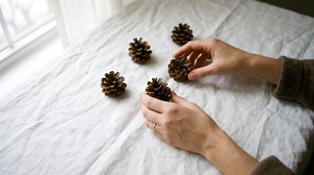 Hands arranging pine cones on a white fabric surface in natural light