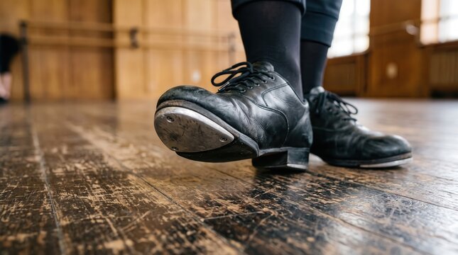 Close-up of black leather tap shoes on a scuffed wooden floor showing metal toe taps and traditional dance footwear.