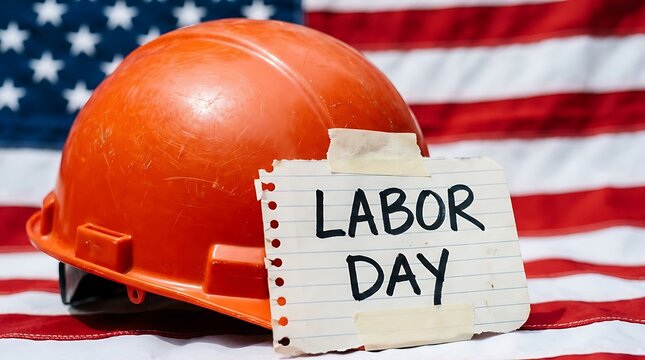 Labor Day USA Labor Day Canada Orange Hard Hat and Labor Day Note on American Flag construction worker