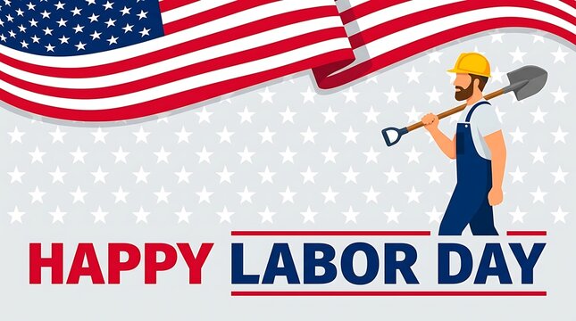 Labor Day USA Labor Day Canada Man with hard hat and shovel walking with American flag and Happy Labor Day text labor day, worker, american