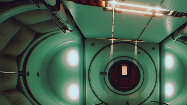 A round room is shown with a circular window at the center. The walls are painted green, and lights are present. The room appears to be empty and has a simple design.