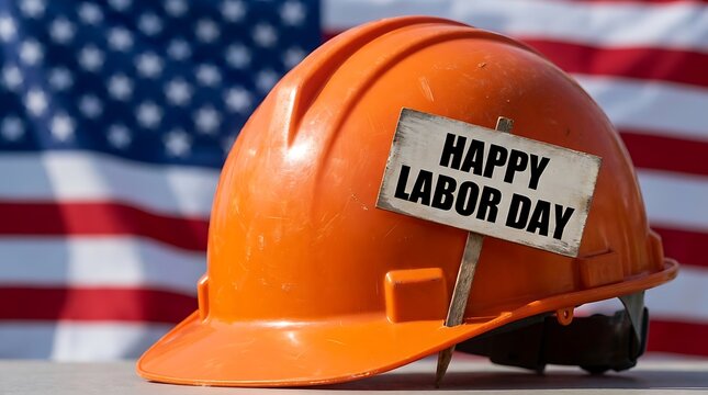 Labor Day USA Labor Day Canada Orange Hard Hat With Happy Labor Day Sign Against American Flag Backdrop orange hard hat, happy labor day