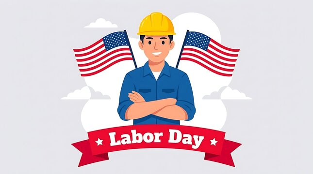 Labor Day USA Labor Day Canada Smiling construction worker with American flags and Labor Day banner labor day, worker, american flag