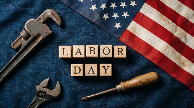 Labor Day USA Labor Day Canada Labor Day holiday concept with American flag and tools on denim Labor Day, American flag, tools