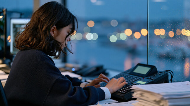 Court reporter seated at a twilight blue hour window overlooking a harbor, fingers hovering over a stenotype machine, the glow of the blue dusk visible over her shoulder through rain spotted glass a