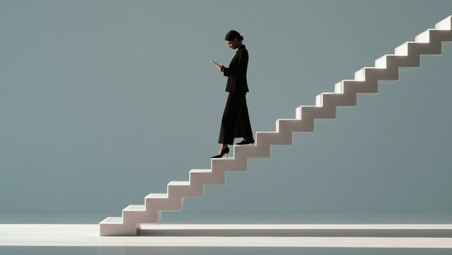 confident businesswoman reading a digital tablet while ascending a transparent staircase toward a bright future, visual metaphor for lifelong learning, career development and professional advancement,
