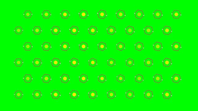 A vibrant green background featuring a repeating pattern of small yellow atoms