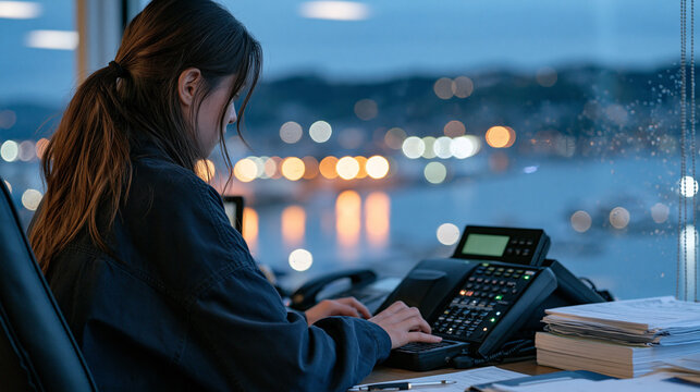 Court reporter seated at a twilight blue hour window overlooking a harbor, fingers hovering over a stenotype machine, the glow of the blue dusk visible over her shoulder through rain spotted glass a