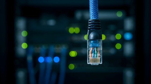 Blue Ethernet network cable hanging in front of blurred server rack LED lights in a data center