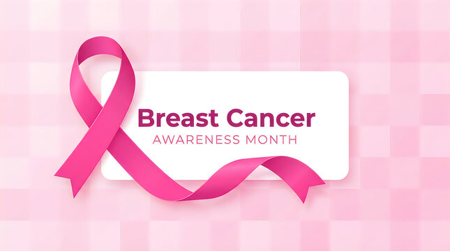 A vibrant pink ribbon represents breast cancer awareness and hope placed gently on a textured white card