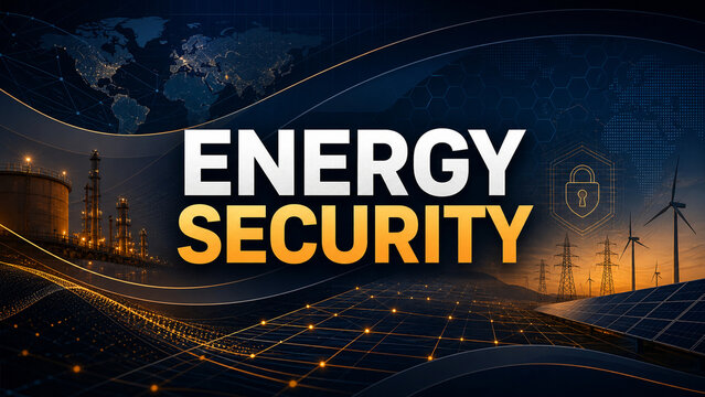 Futuristic energy security concept with global network map, industrial infrastructure, renewable power and digital protection icon.