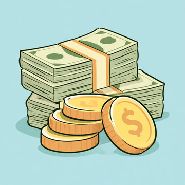 Green cash money stack and golden dollar coins icon