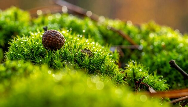 Close up of acorn on vibrant green moss in forest.