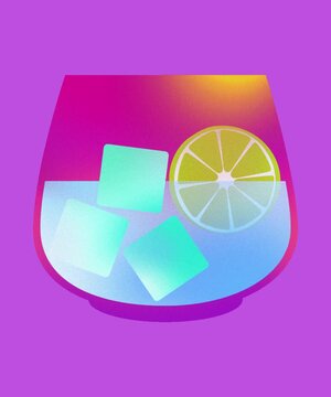 Stemless wine glass with ice cubes and lime slice