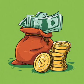 Green cash money stack and golden dollar coins icon
