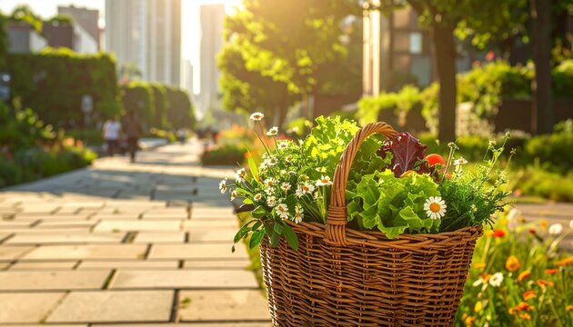 Wicker basket filled with fresh flowers in a sunny garden.