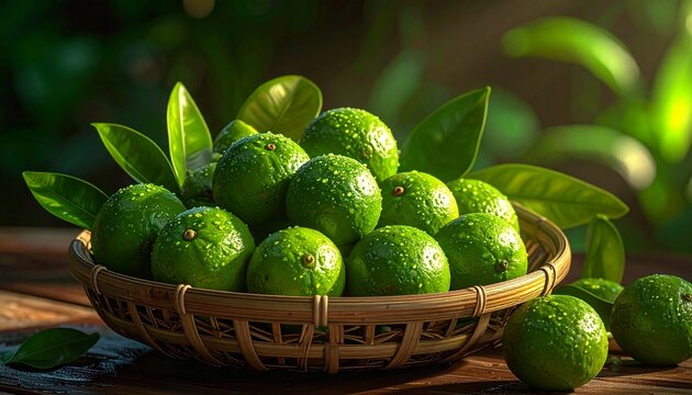 Fresh green limes in a woven basket with leaves.