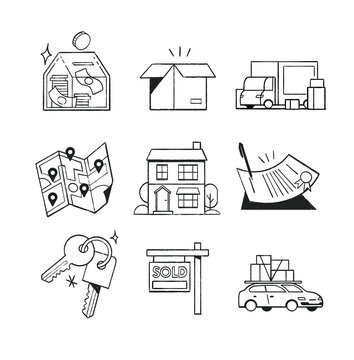 Real Eastate Finance Pencil Texture Line Art Spot Illustration Set House Keys Car Moving Map on White