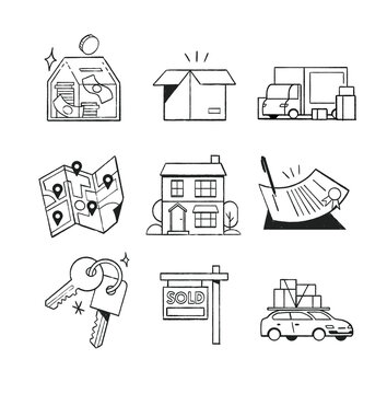 Real Eastate Finance Pencil Texture Line Art Spot Illustration Set House Keys Car Moving Map on White