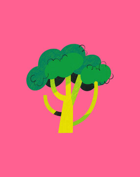Broccoli Spot Illustration Pencil Texture Line Art Bright Green Pink 