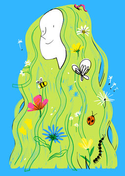 Beauitful Colorful Woman Natural Grass Floral Hair Flowers Bugs Sunshine