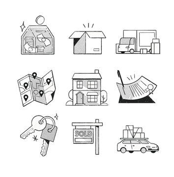 Real Eastate Finance Pencil Texture Line Art Spot Illustration Set House Keys Car Moving Map on White