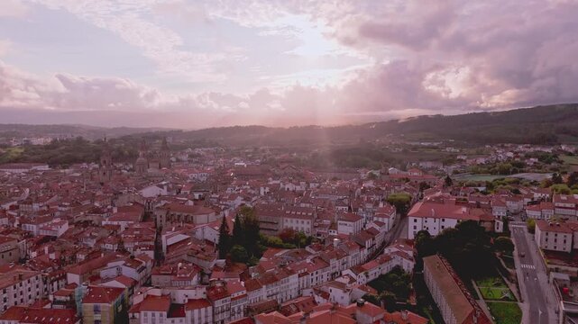 Aerial view of santiago de compostela cityscape at sunset in galicia
