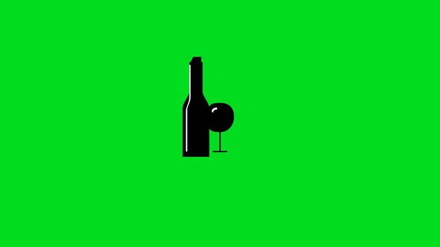 Minimalist black silhouette of a wine bottle and glass on green background