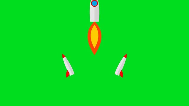 Minimalist graphic illustration of a rocket ship launching into outer space