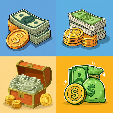  Golden dollar coins and paper currency banknotes set
