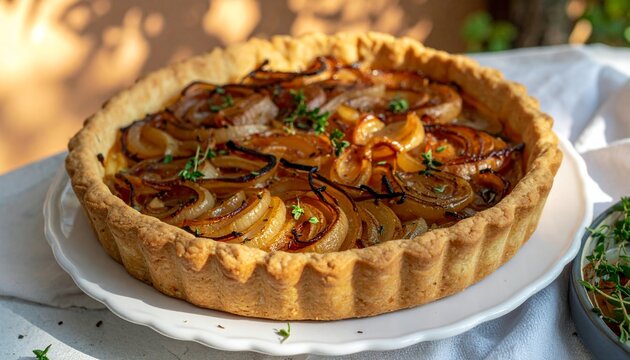 Homemade Rustic Onion Tart on White Plate.