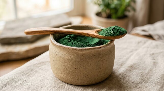 Spirulina powder in a ceramic bowl with a wooden spoon on a table