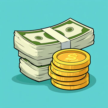 Green cash money stack and golden dollar coins icon