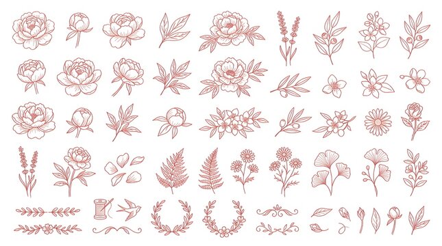 Peony Embroidery Thread Stitch Texture Vector Icon Set 50 Elements Handcraft