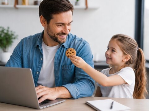  Happy little girl offering a chocolate cookie to her father working on laptop at home, work-life balance and remote work concept