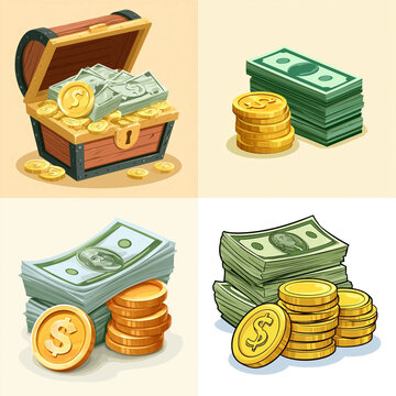  Golden dollar coins and paper currency banknotes set