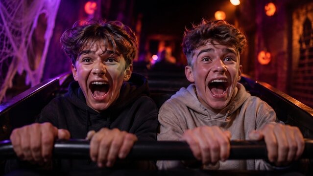 Two excited teenage boys screaming and laughing on a thrilling dark ride in an amusement park, spooky Halloween haunted house attraction.