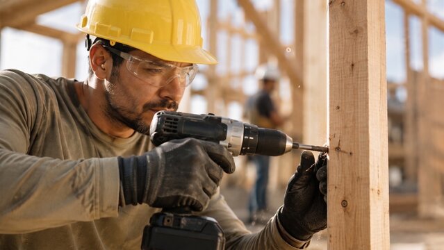 Carpintero profesional con casco de seguridad usando un taladro el&eacute;ctrico en una estructura de madera, concepto de construcci&oacute;n y renovaci&oacute;n