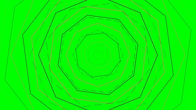 Concentric geometric octagon shapes forming a tunnel on a vivid green background