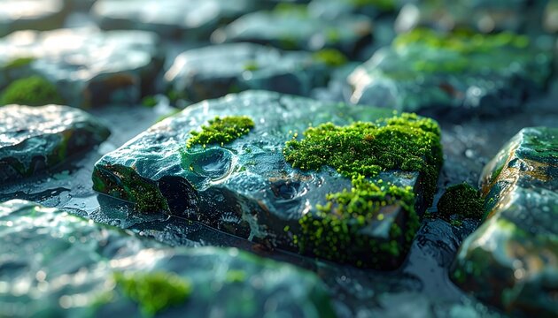 Close up of vibrant green moss growing on wet rocks.