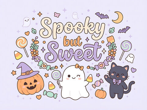 Spooky but Sweet Halloween illustration with ghost cat pumpkin and candy vector artwork