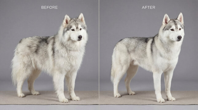 Wolf grooming in veterinary clinic, creative anthropomorphic lifestyle scene exploring animal behavior, responsible care, companionship, wellbeing, humane values, education, modern lifestyle